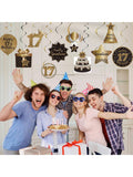Happy 17th Birthday Hanging Foil Swirls with Cutouts Black & Gold Decor
