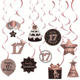 Happy 17th Birthday Hanging Foil Swirls with Cutouts Rose Gold Decor