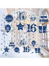 16pcs Blue Silver Happy 16th Birthday Hanging Swirl Decorations