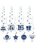 16pcs Blue Silver Happy 16th Birthday Hanging Swirl Decorations
