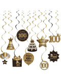 100th Birthday Black and Gold Hanging Swirl Ceiling Decorations
