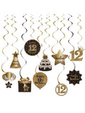 12th Birthday Black and Gold Hanging Swirl Ceiling Decorations