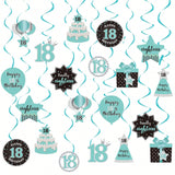 Happy 18th Birthday Hanging Swirls Teal Silver Black Blue Decor