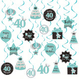 Happy 40th Birthday Hanging Swirls Teal Silver Black Blue Decor