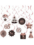 Happy 65th Birthday Hanging Foil Swirls with Cutouts Rose Gold Decor