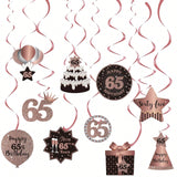 Happy 65th Birthday Hanging Foil Swirls with Cutouts Rose Gold Decor