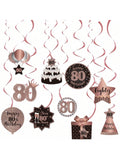 Happy 80th Birthday Hanging Foil Swirls with Cutouts Rose Gold Decor