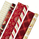 Set Of 3 Reversible Christmas Wrapping Paper Rolls (120 Sq. Ft. Total) With Red & Gold Snowflakes, Stripes, Plaid & Santa's Sleigh Designs,