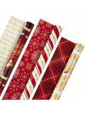 Set Of 3 Reversible Christmas Wrapping Paper Rolls (120 Sq. Ft. Total) With Red & Gold Snowflakes, Stripes, Plaid & Santa's Sleigh Designs,