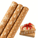 3-Pack Christmas Wrapping Paper Rolls 17x120in Brown Kraft Snowflakes & Stars
