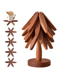 4pc Walnut Wood Tree Trivets with Stand Foldable Kitchen Hot Dish Holder
