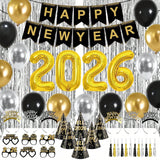 New Year's Eve 2026 Party Supplies Including Decorations, Banner, Balloons, Hats, Glasses, Tiaras, Noisemakers, Fringe Curtains, And Photo Props-