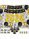 New Year's Eve 2026 Party Supplies Including Decorations, Banner, Balloons, Hats, Glasses, Tiaras, Noisemakers, Fringe Curtains, And Photo Props-