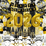 81-Piece New Year's Eve 2026 Party Kit For 12 Guests With Large Foil Balloons, Black-Gold Curtains, Banner, Hats, Headbands, Glasses, Noisemakers, And Favors-