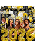 81-Piece New Year's Eve 2026 Party Kit For 12 Guests With Large Foil Balloons, Black-Gold Curtains, Banner, Hats, Headbands, Glasses, Noisemakers, And Favors-