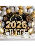 Black and Gold 2026 New Year Backdrop with Balloons and Glitter 70x43 Inch