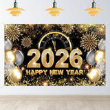 Black and Gold 2026 New Year Backdrop with Balloons and Glitter 70x43 Inch