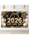 Black and Gold 2026 New Year Backdrop with Balloons and Glitter 70x43 Inch