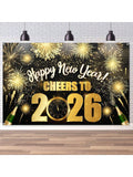 Black Gold 2026 New Year Backdrop Hello 2026 Design for Party Decorations