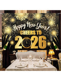 Black Gold 2026 New Year Backdrop Hello 2026 Design for Party Decorations