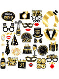 40-Piece 2026 New Year's Eve Décor Set With Black And Gold Backdrop, Balloons, Photo Booth Props And Foil Hanging Curtains For Festive Party Celebrations -