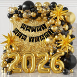 140-Piece 2026 New Year Decorations Balloon Arch With Black And Gold Balloons And A Happy New Year Banner, Perfect For New Year's Eve Celebrations -