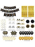2026 New Year Decorations Black and Gold Banner Balloons and Backdrop