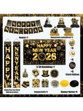 2026 New Year's Eve Decorations In Gold And Black With Backdrop, Door Banner, Hanging Swirls, Honeycomb And Balloons For Festive Party Décor-