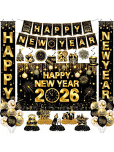 2026 New Year's Eve Decorations In Gold And Black With Backdrop, Door Banner, Hanging Swirls, Honeycomb And Balloons For Festive Party Décor-