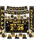 2026 New Year's Eve Decorations In Gold And Black With Backdrop, Door Banner, Hanging Swirls, Honeycomb And Balloons For Festive Party Décor-