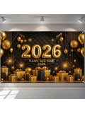2026 Happy New Year Backdrop with Gold Black Balloons Fireworks and Gifts 71x43in