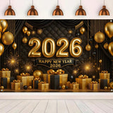 2026 Happy New Year Backdrop with Gold Black Balloons Fireworks and Gifts 71x43in