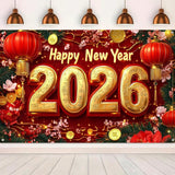 2026 Happy New Year Banner with Red Lanterns Gold Coins and Blossoms 71x43in