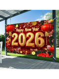 2026 Happy New Year Banner with Red Lanterns Gold Coins and Blossoms 71x43in