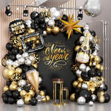 Happy New Year Balloon Garland 128 pcs Black Gold Silver with Foil Balloons