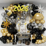 134-Piece New Year Balloon Arch Kit in Black Gold Silver with Foils