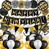 Black and Gold Happy New Year Decoration Kit with Banner, Streamers, and Balloons