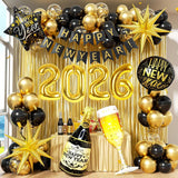 2026 New Year Party Decorations Black & Gold Balloons Banner Backdrop