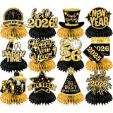 9pcs 2026 New Year Honeycomb Centerpieces Black & Gold for NYE Table Decor