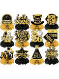 9pcs 2026 New Year Honeycomb Centerpieces Black & Gold for NYE Table Decor