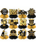 12pcs Happy New Year Honeycomb Centerpieces Black & Gold for 2026 NYE Decor
