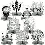9pcs 2026 New Year Silver Honeycomb Centerpieces for NYE Table & Party Decor