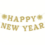 Happy New Year Banner Gold Glitter Pre-Strung for NYE and Holiday Party Decor