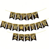Happy New Year 2026 Banner Black and Gold for NYE Party Decorations and Favors