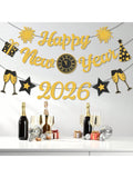 Gold Glitter Happy New Year 2026 Banner for NYE Party & Celebration Supplies