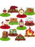 12-Pc Camping Honeycomb Centerpieces with Bears Tent and Campfire Table Decor