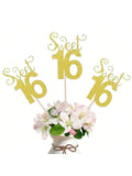 10-Pc Glitter Gold Sweet 16 Number Cake Toppers for Birthday and Party Decor
