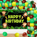 Monkey Jungle Party Decorations With Balloons, Garland, Backdrop, And Palm Leaves