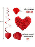 I Love You Gold and Heart Balloon Kit with 1000 Red Silk Rose Petals for Romantic Decor
