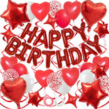 3D Red Happy Birthday Balloon Set with Stars, Hearts & Swirls Decor